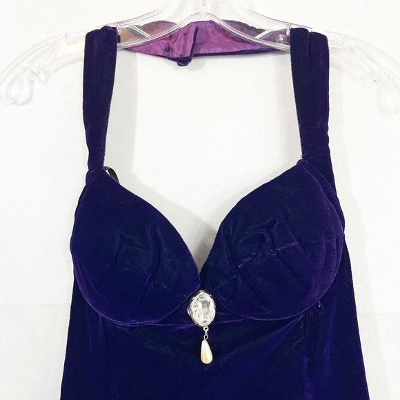 Deastock Vintage 90s L.A. Glo Purple Velvet Halter Mini Dress Padded - Size 10 - Picture 4 of 10